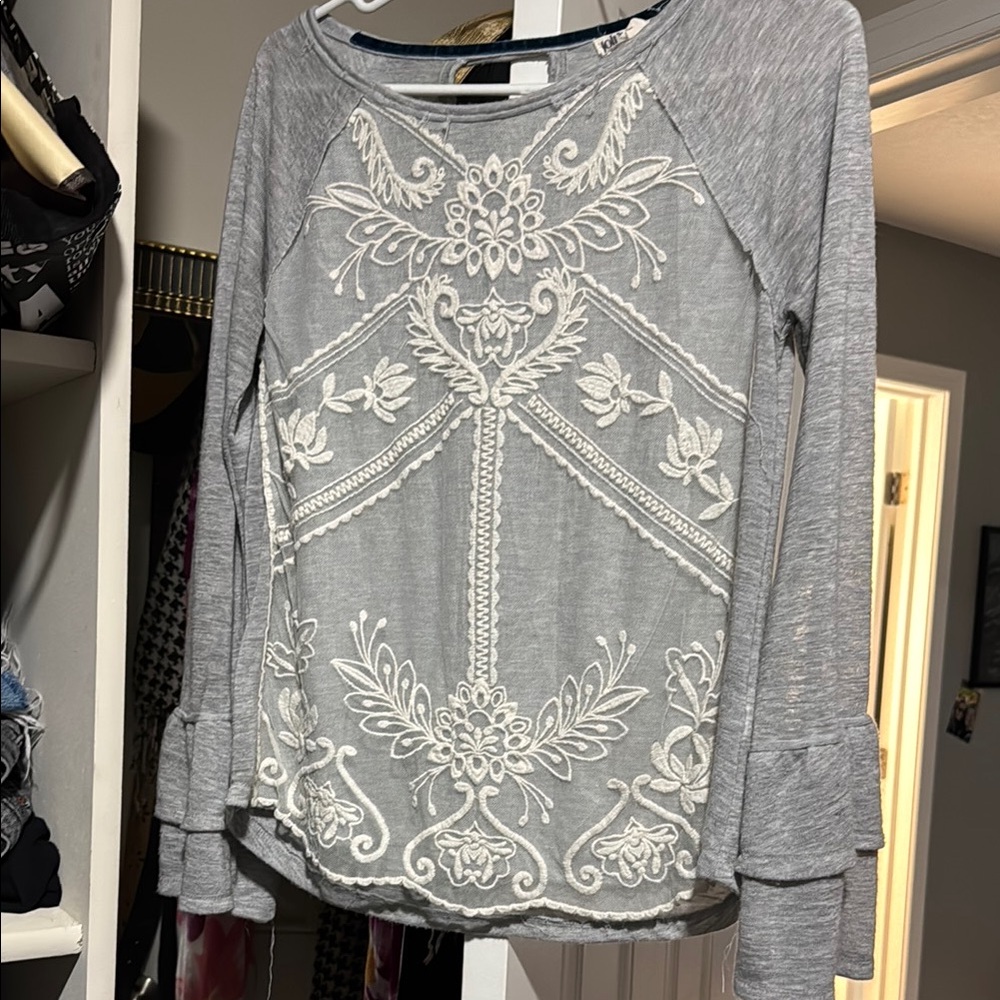 Gray and White Embroidered Women's Top